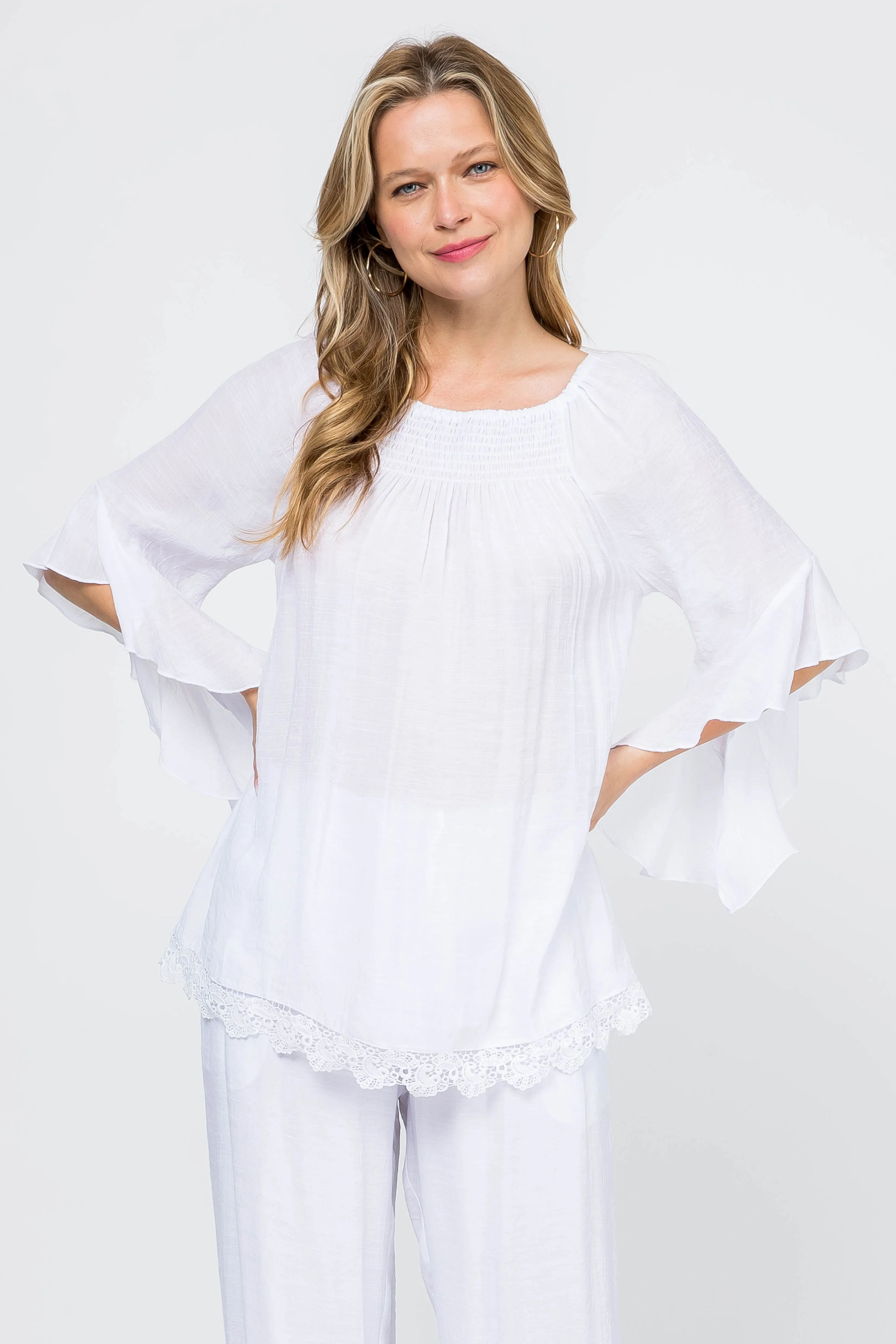 Women's Casual Smocked Neckline Crochet Trimmed Hem and ¾ Flared Sleeve Tunic Top