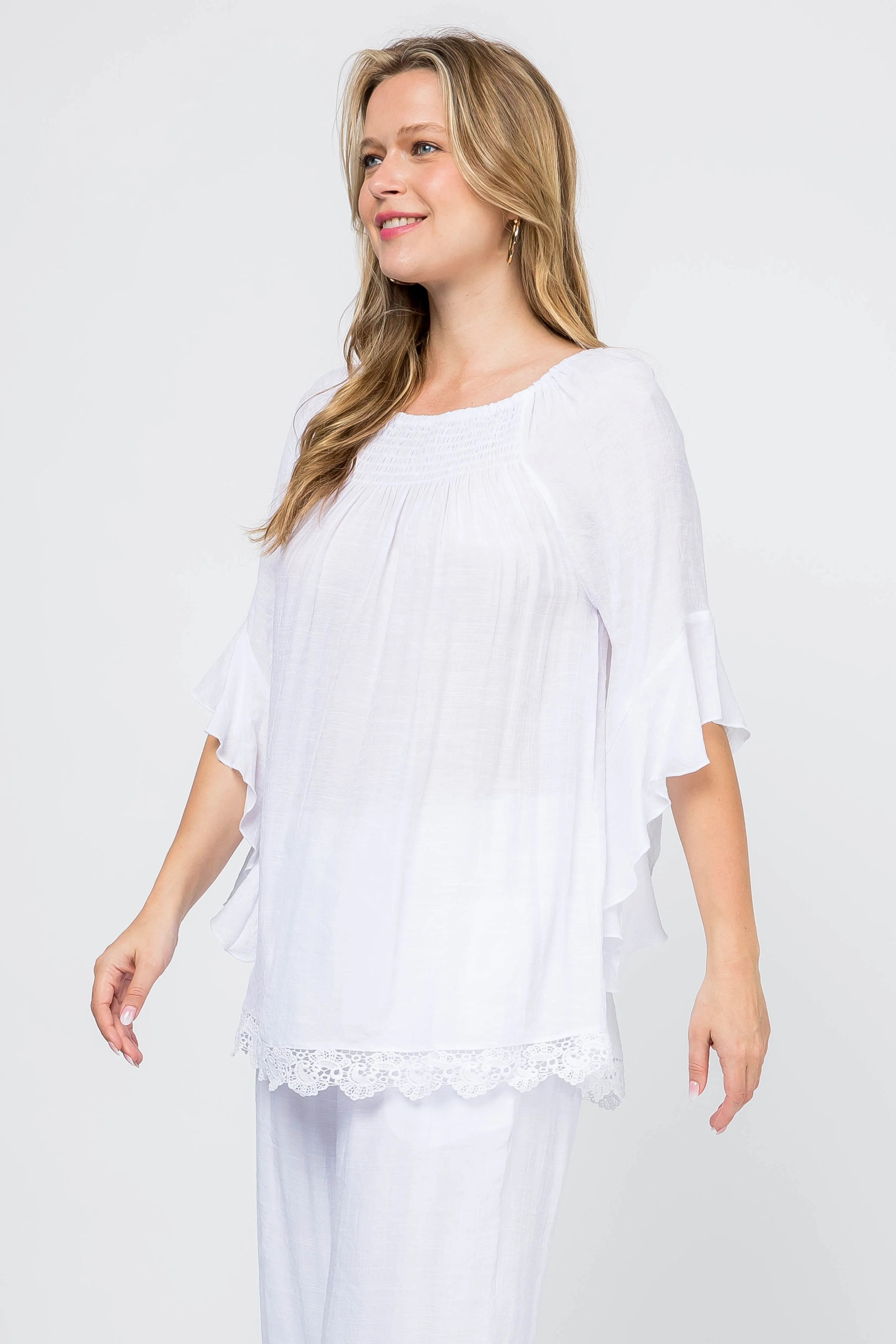 Women's Casual Smocked Neckline Crochet Trimmed Hem and ¾ Flared Sleeve Tunic Top