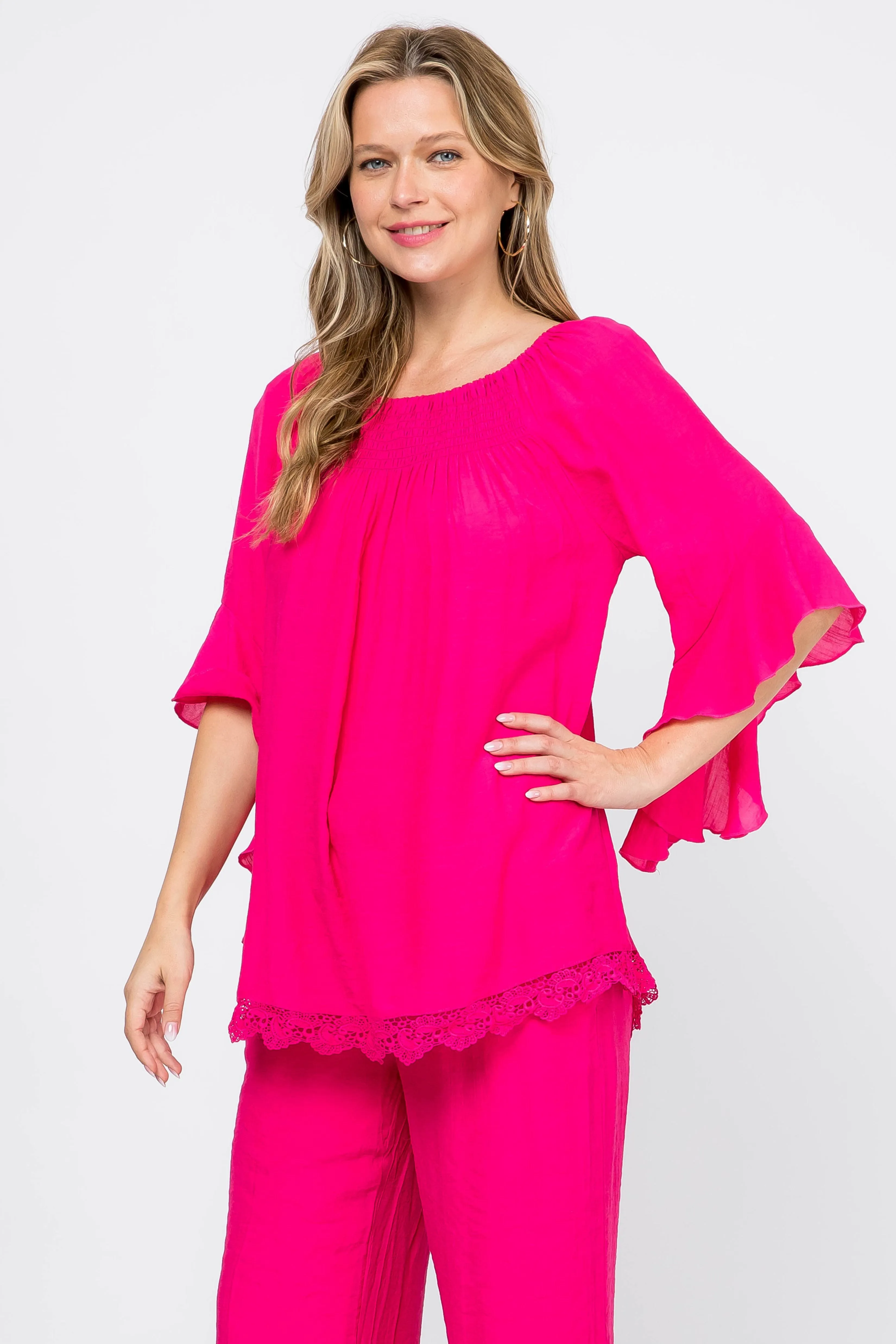 Women's Casual Smocked Neckline Crochet Trimmed Hem and ¾ Flared Sleeve Tunic Top