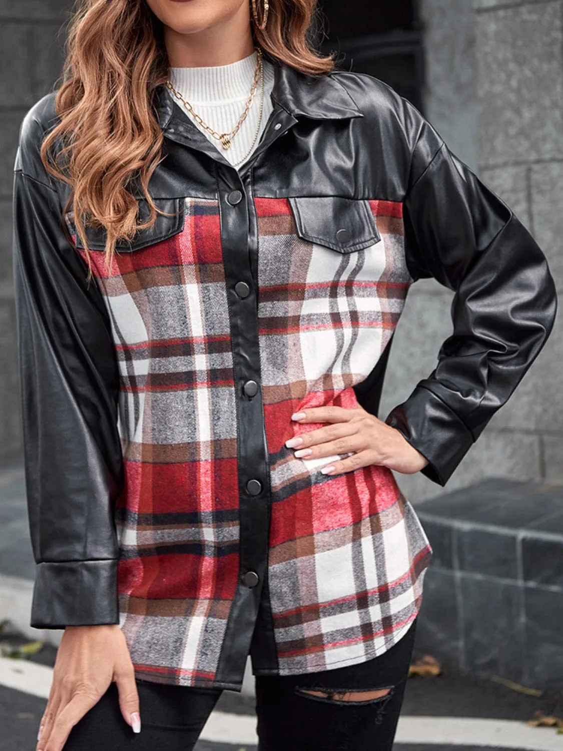 Women's Plaid Pleather Button-Up Dropped Shoulder Jacket