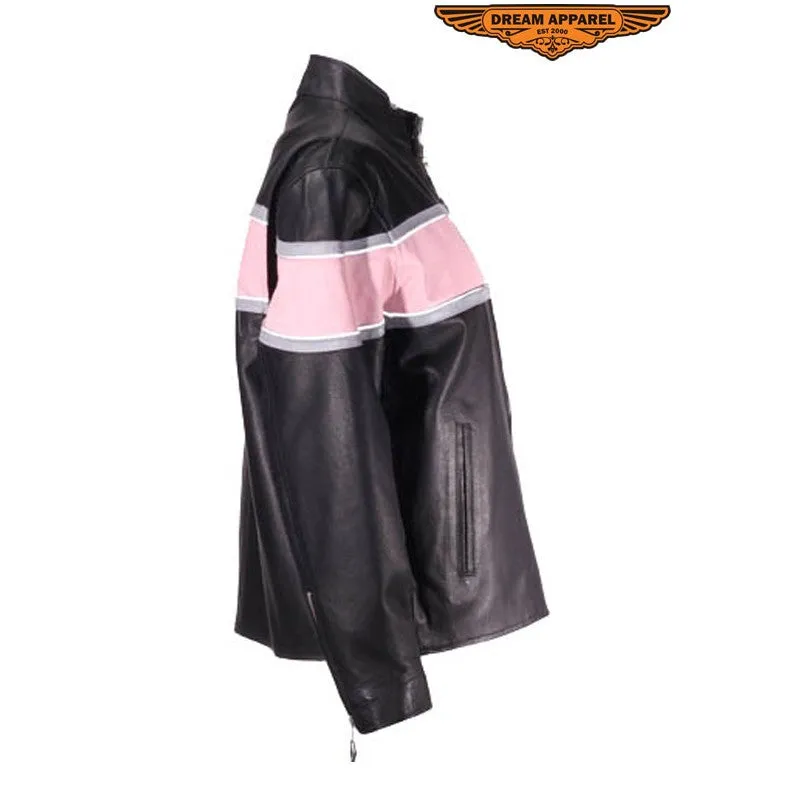 Womens Racer Jacket With Pink & Double Silver Stripes