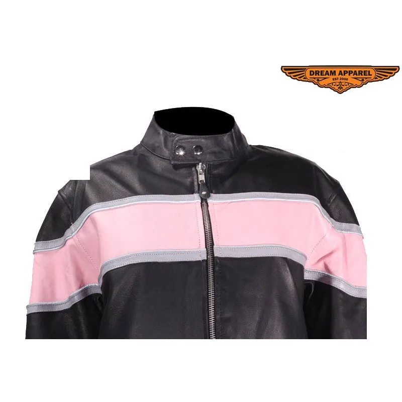 Womens Racer Jacket With Pink & Double Silver Stripes