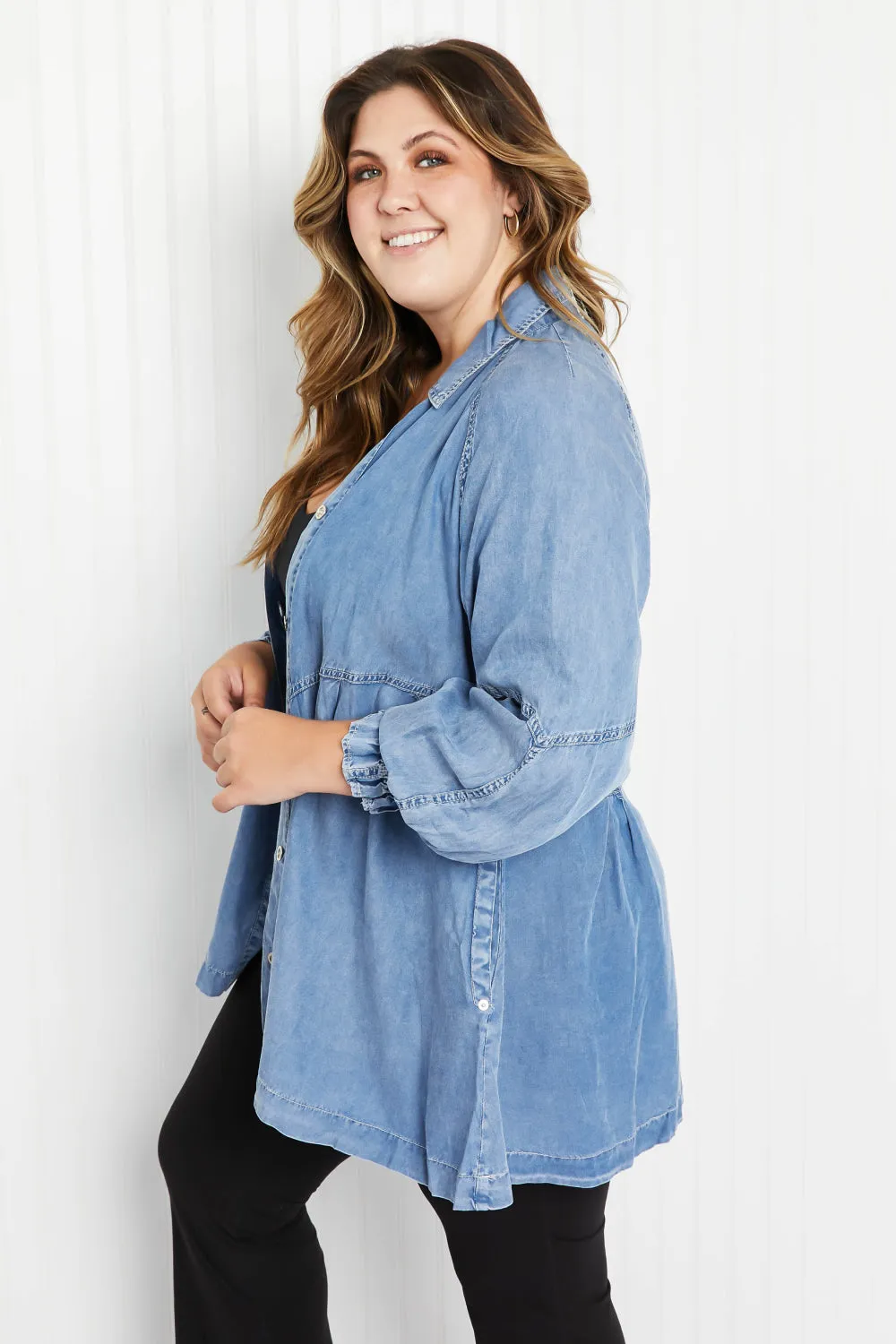 Zenana Sunflower Fields Full Size Chambray Button-Up Swing Tunic